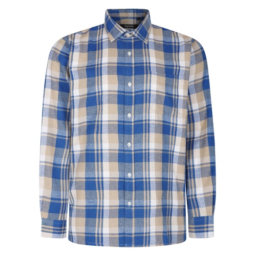 Dusty blue checked flannel shirt, front view.